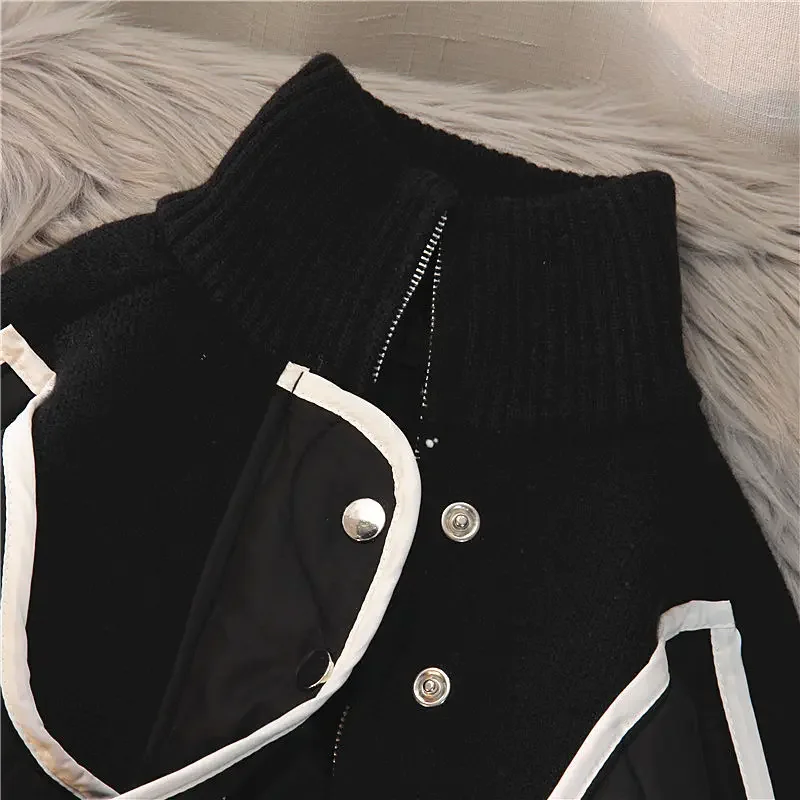 Oversized Vintage Jackets Knit Patchwork Turtleneck Zipper Contrast Color Coats Casual Loose All Match Y2k Design Women Clothing