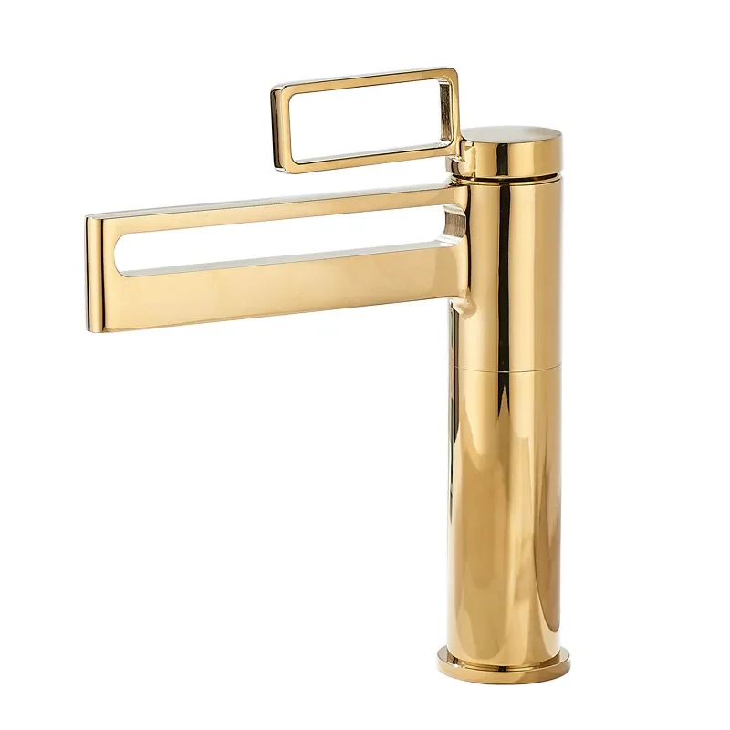 

Light luxury Italian simple bright gold hot and cold basin faucet, all copper bathroom cabinet bathroom faucet waterfall