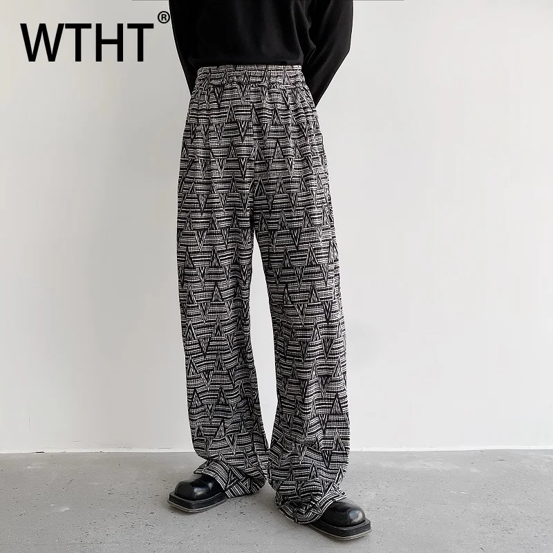 

WTHT модные осенние мужские полосатые брюки с принтом 2024, модные свободные прямые брюки в американском стиле с широкими штанинами, мужские 2A1963