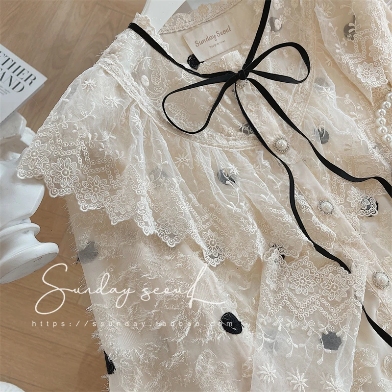 French Style Sweet Girl Dots Ruffled Shawl Collar Lace Blouse Tops Women 2023 Spring Summer New Bubble Long Sleeve Button Shirt