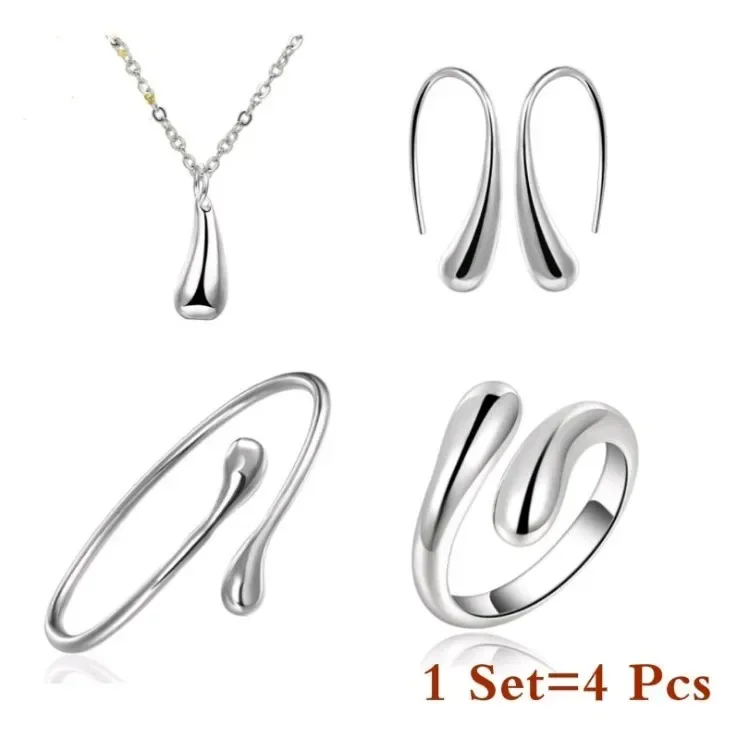 S925 Sterling Silver Needle Earrings Ring Bracelet Set for Women Fashion Elegant Water Drop Four-piece Jewelry Set Wedding Gifts