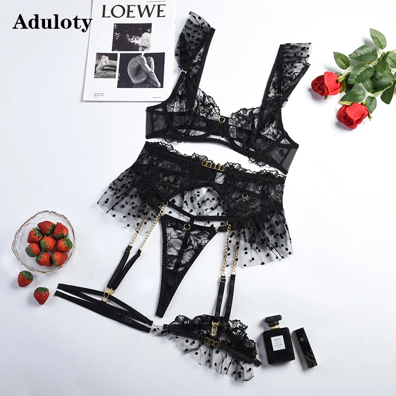 Aduloty Complex Craft Metal Iron Chain Exquisite Embroidery Sexy Women's Underwear Lace Transparent Temptation Erotic Lingerie