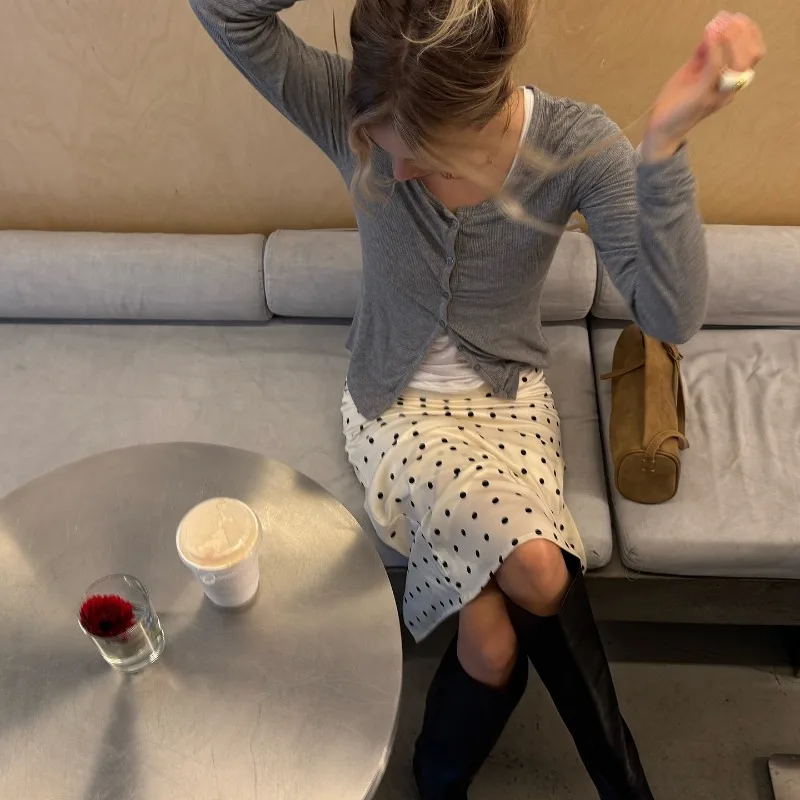 2505 Women's  Polka Dot Soft Long Stain Skirts Casual Chic Streetwear New High Waisted Street Skirt A-line  White Vintage