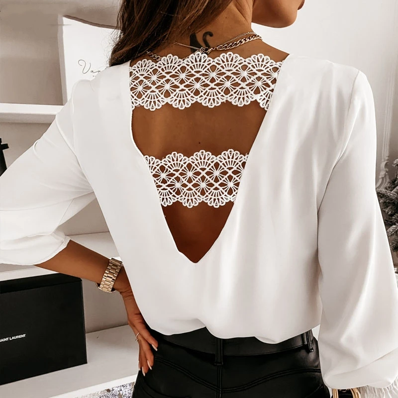 Fashion Hollow Lace Stitching Pullover White Blouse Chic Back V-shaped Stylish Sexy V-neck Long Sleeve Shirt Elegant Tops 12460