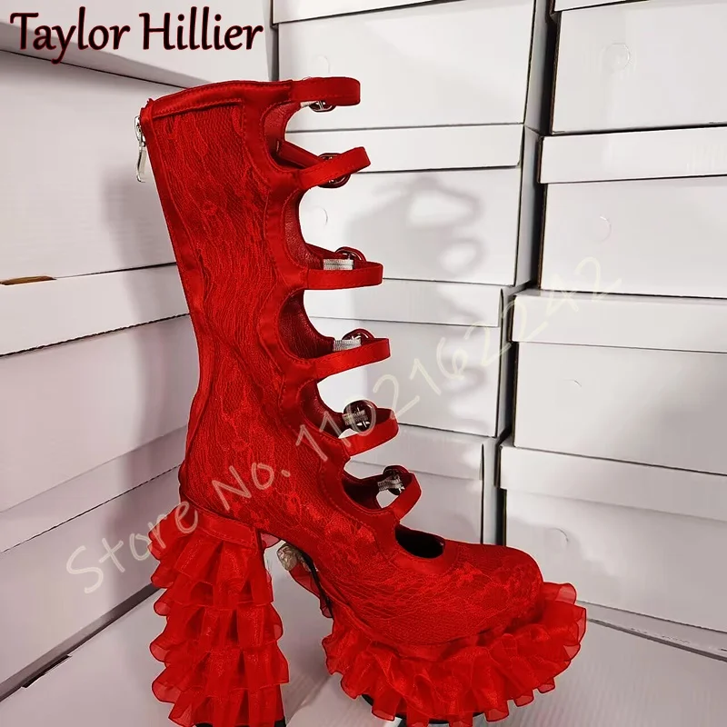 

Red Lace Platform High Heels Belt Buckle Rear Zipper Mid-Calf Women'S Boots Sexy Hollow Lolita Thick Heel Knee Boots Gladiator
