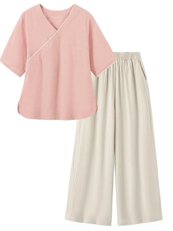 New Chinese Style Artistic Retro Cotton Linen Short Sleeve Top Wide Leg Pants Two Piece Set Women Casual Zen Tea Costume Summ...