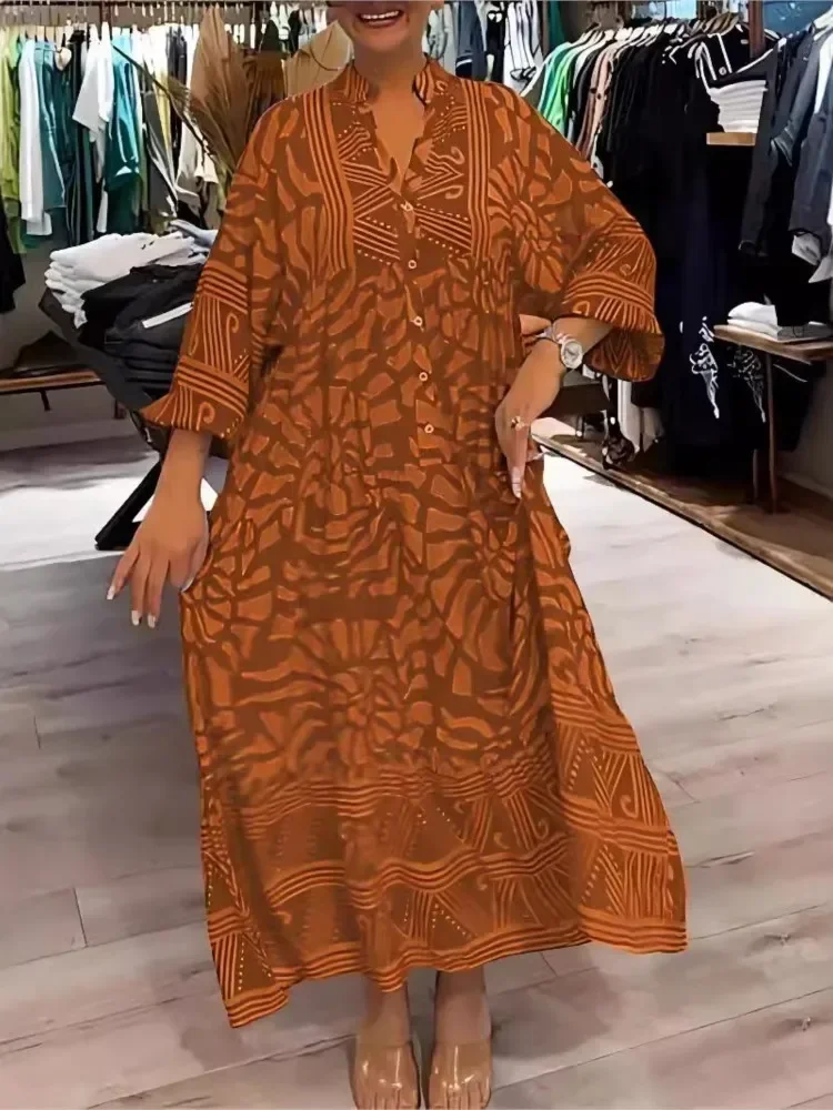 Abito da donna casual con stampa floreale Abito lungo elegante primaverile con scollo a V ampio Abito lungo autunno manica lunga Moda Boho Abiti lunghi