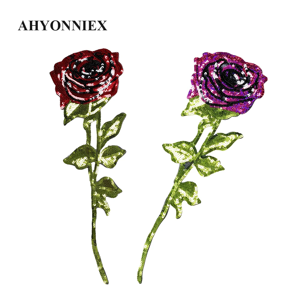 1 Piece 15*45cm Fashion Red and Rose Red Sequins Rose Parch For Costume Dress Coat Iron on Patch for Clothing DIY Decoration