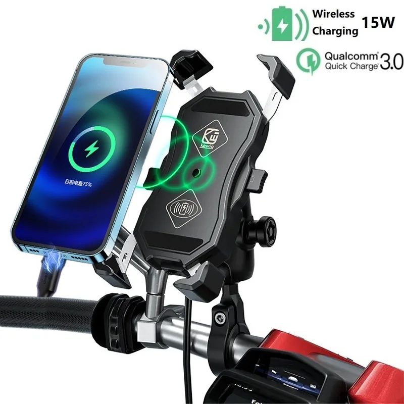 

Auto Clamping Motorcycle Phone Holder qi Wireless Charger USB QC3.0 Fast Charging 2 in 1 Handlebar Phone Stand for 3.5-6.8 Inch