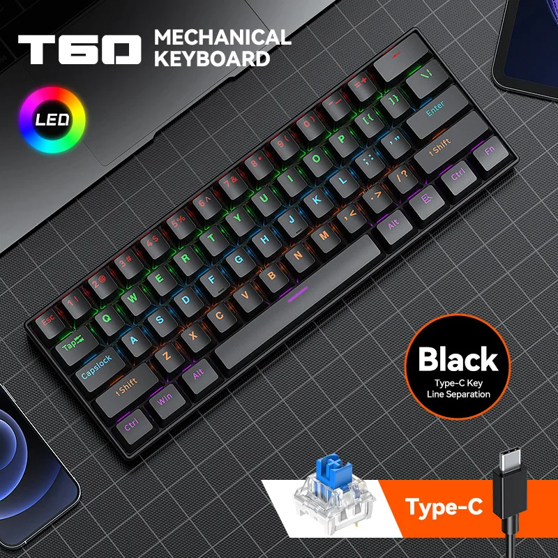 T-WOLF T60, mechanisch toetsenbord met Type-C-aansluiting, volledig uitwisselbare toetsen, toetsenbordontwerp met afzonderlijke toetsen, toetsen met gemengde kleuren, RGB-verlichting.