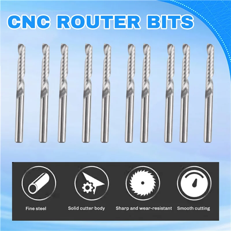 

F-T 10 Pack CNC Router Bits 1/8 Inch Shank Spiral Upcut Router Bit Single Flute End Mill Set Milling Cutter Steel Engra