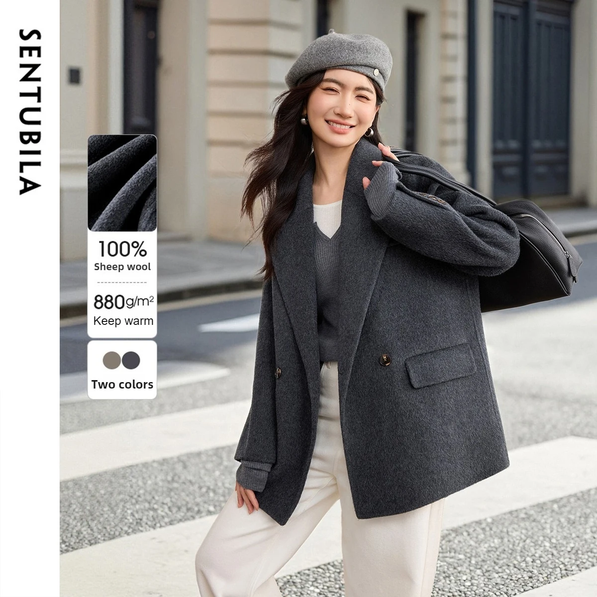 

SENTUBILA женское двустороннее твидовое пальто из 100% шерсти, зима 202, классический костюм с воротником с лацканами, элегантное теплое ветрозащитное пальто W54OA8778