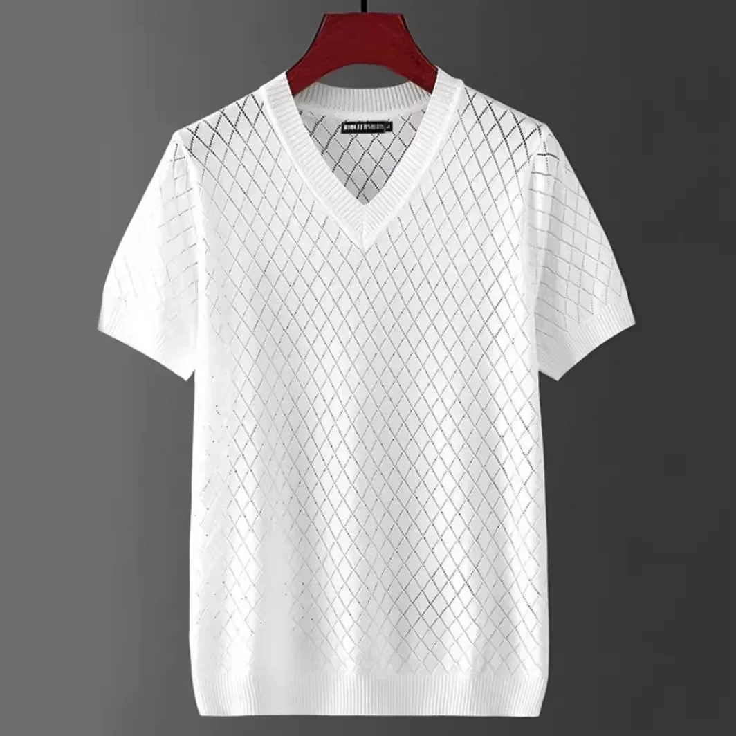 Men's Ice Silk Hollow V-neck T-shirt Top Summer Cool Thin Style Chicken Heart Short Sleeves Knitted Top