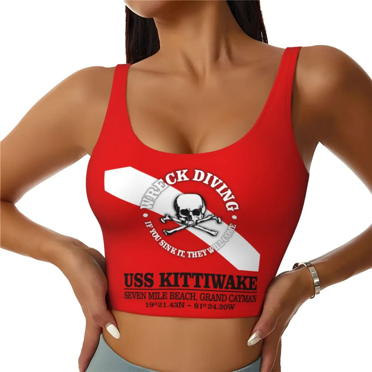 Custom Women's USS Kittiwake Scuba Diving Sports Bra Diver Dive Flag High Impact Gym Workout Running Crop Tank Tops