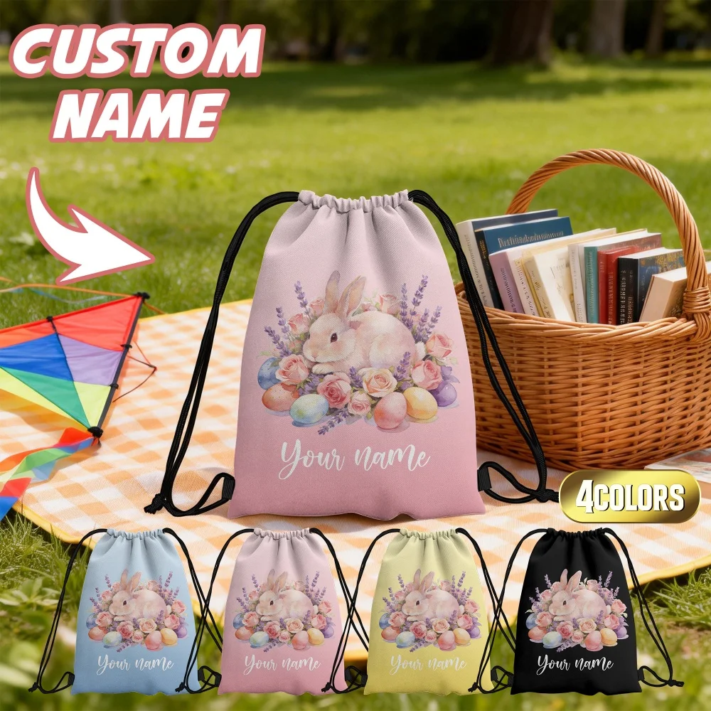 Custom Name Watercolor Floral Easter Bunny Drawstring Backpack Personalized Rabbit Egg Sackpack Kids Easter Gift Drawstring Bag
