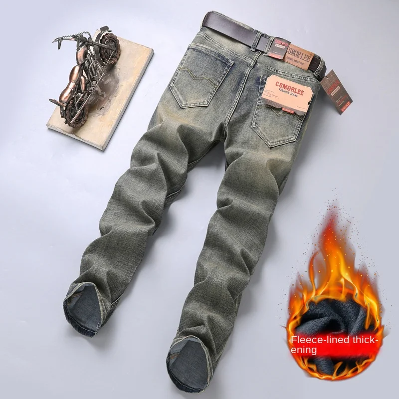 

Yellow Mud Color Fleece-lined Thick Jeans Men's Winter Thermal Slim Fit Straight High-End Fashion Brand Retro Nostalgic Pants