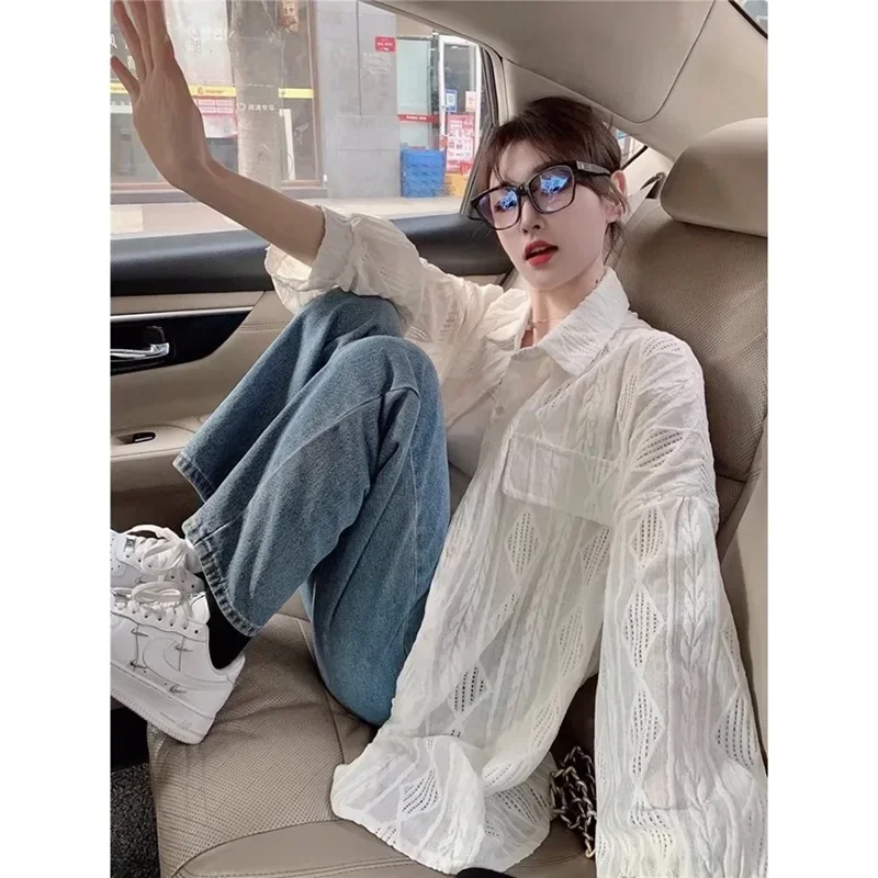 

Pop Casual Long Sleeve Shirt Original Fabric Sun Protection Top Design Sensation French Style Women's Button Up Shirt