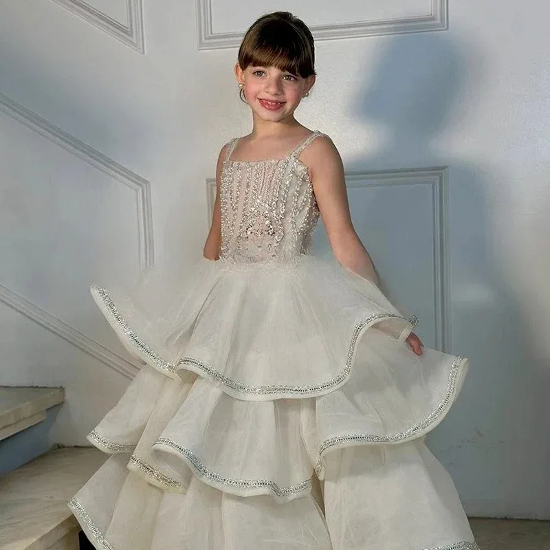 فساتين فتاة الزهور الحمالة لحفلات الزفاف بطبقات كريستالية بطول الأرض لالتقاط الصور فساتين التواصل الأول حسب الطلب