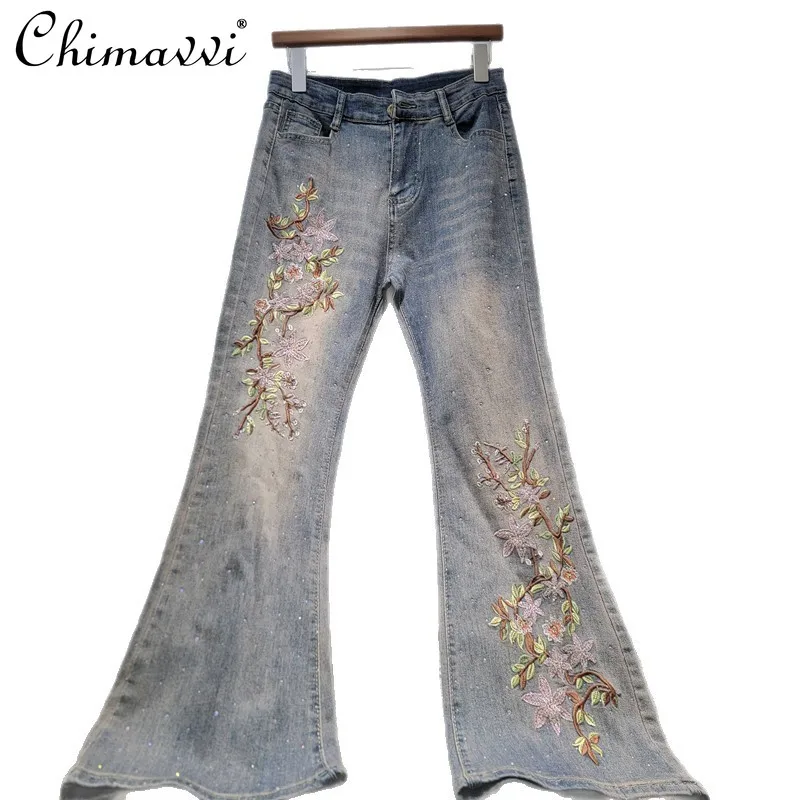 

Heavy Hot Diamond High Waist Slim Embroidered Micro Flare Jeans Summer New Fashion Embroider Retro Denim Pants for Women