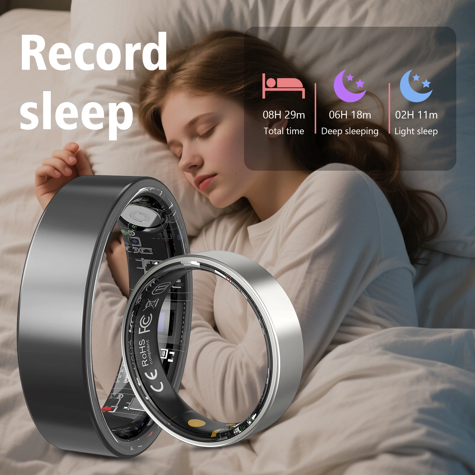 حلقة ذكية، تتبع النوم، أوضاع رياضية متعددة، مراقبة البيانات الرياضية، متوافقة مع iPhone وAndroid، هدية العيد، للجنسين
