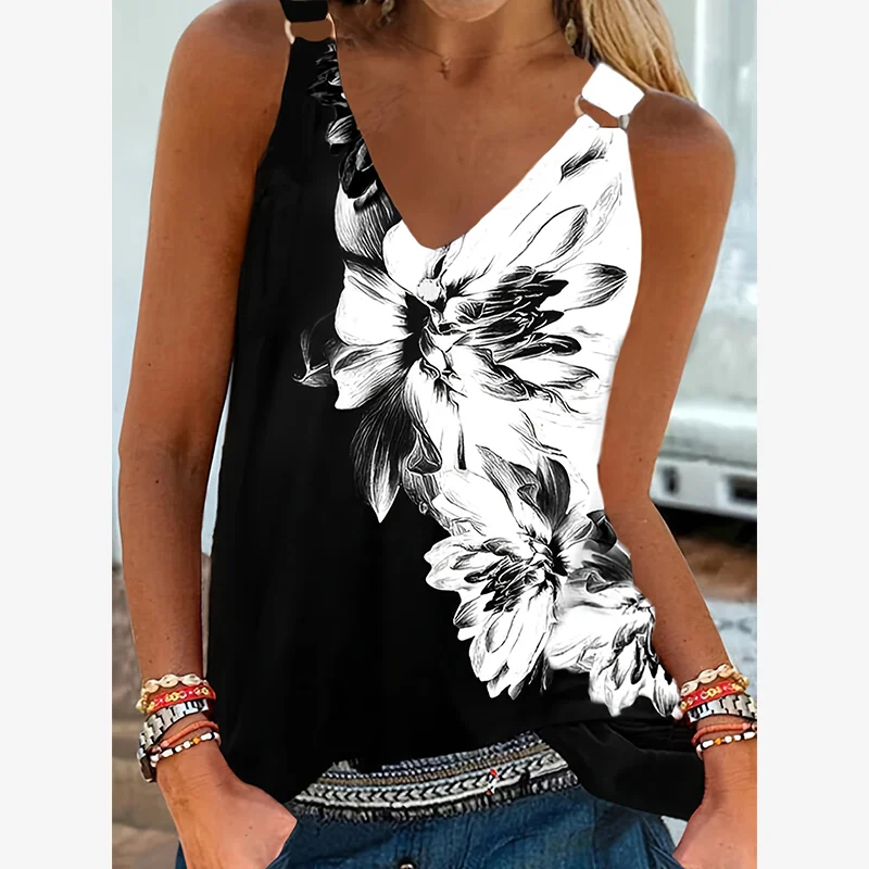 Elegantes Damen-Tanktop mit V-Ausschnitt und Blumenmuster, modisches Sommer-Oberteil für den Alltag, neuer Stil, Camisole