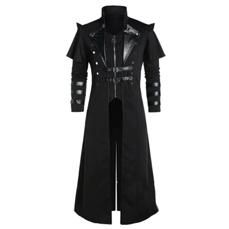 Costume Médiéval Steampunk d'Assassin Elfes 7.5 pour Homme Adulte, Veste Longue Fendue Noire, Armure Gothique, Combinaison en Cuir, Vintage, Halloween