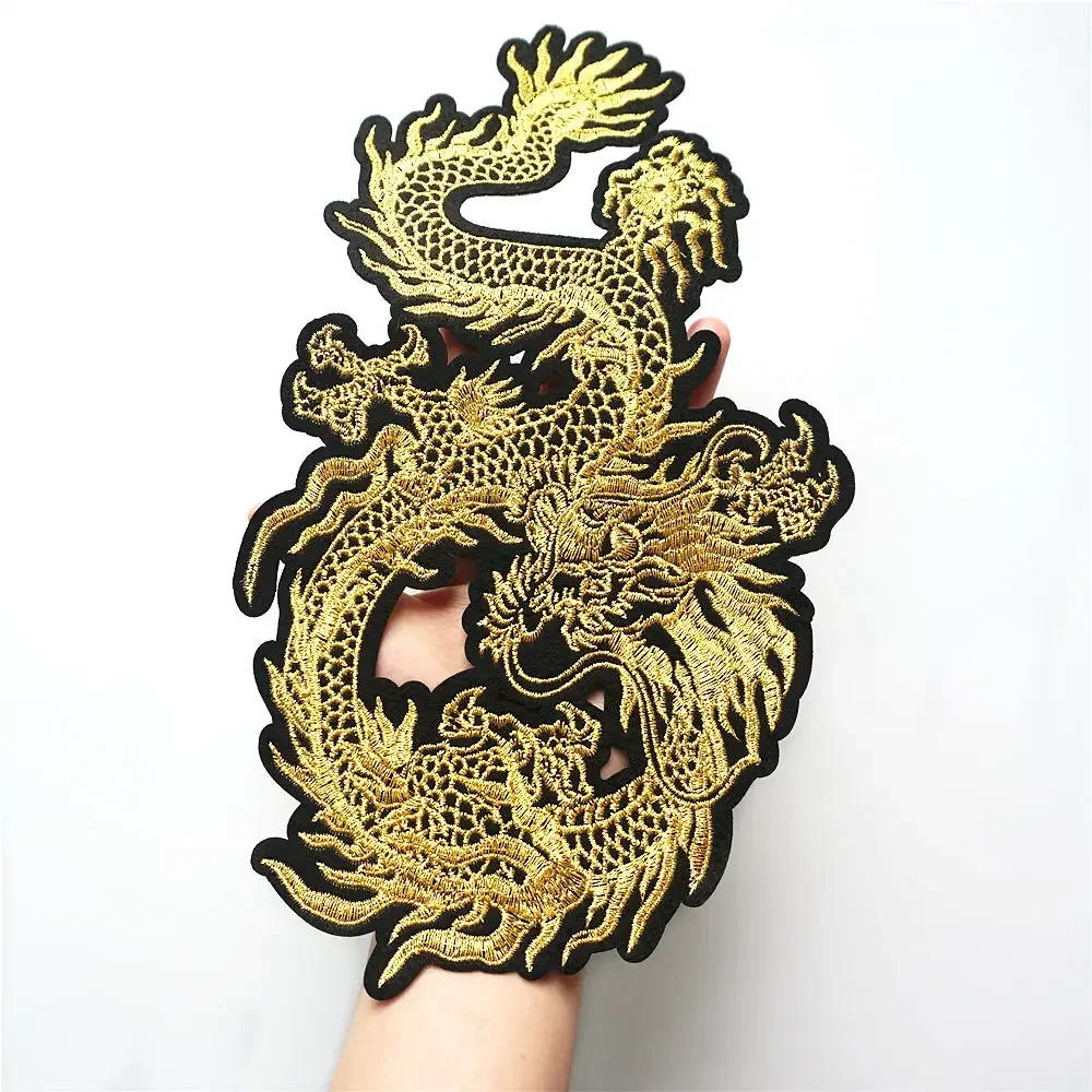 2PCS Chinese Gold Dragons 29CM Embroidered Patches Sew Iron On Badges For Dress Bag Jeans Hat T Shirt DIY Appliques Craft Decor