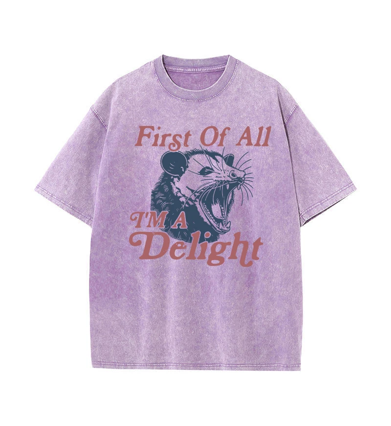 I'm a Delight First of All Vintage Possum Tshirt Funny Men‘s Washed T-Shirt 100Cotton Loose Unisex Y2K Graphic Tee Streetwear