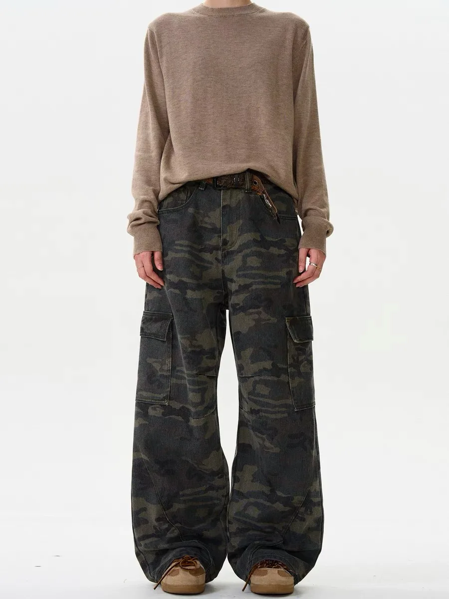 

Американские ретро-джинсы с камуфляжным принтом, свободные, широкие, повседневные, уличные, мужские, прямые, из денима, модные, со средней посадкой