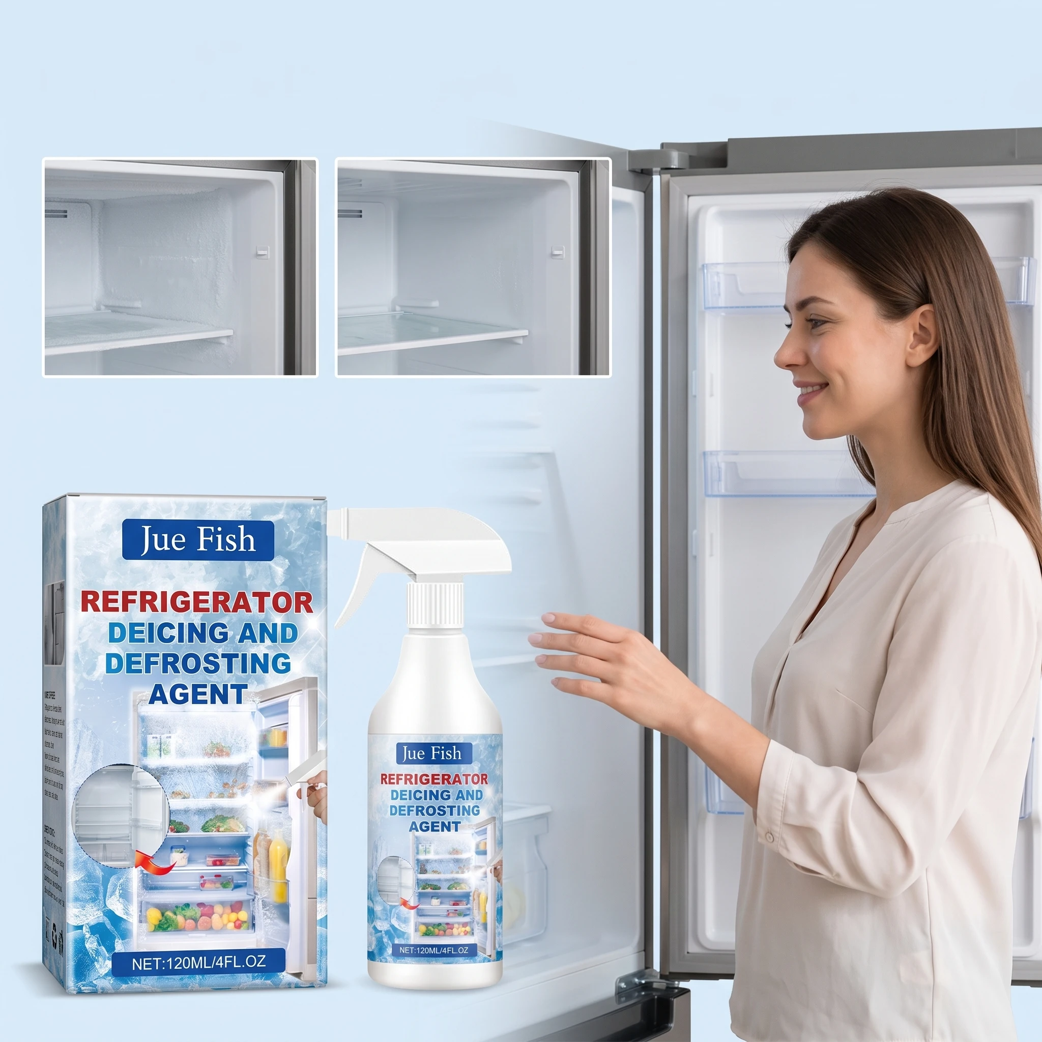 120ML Refrigerator Deicing Agents Easily Melt Stubborn Frost Restore Space Eliminate Bad Odor Mild Refrigerator Defrosting Spray
