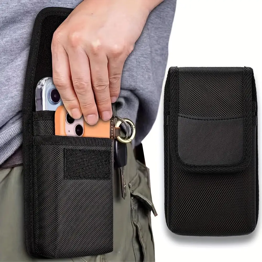 Double-Layer Leather Phone Pouch for iphone Samsung Huawei Xiaomi Men's Multi-Functional Mobile Phone Clip Mobile Phone Bag