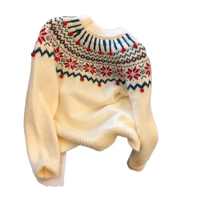 Świąteczny sweter damski z żakardowym wzorem Fair Isle na jesień i zimę, gruby, retro, luźny, uniwersalny top do noszenia pod ubraniem.