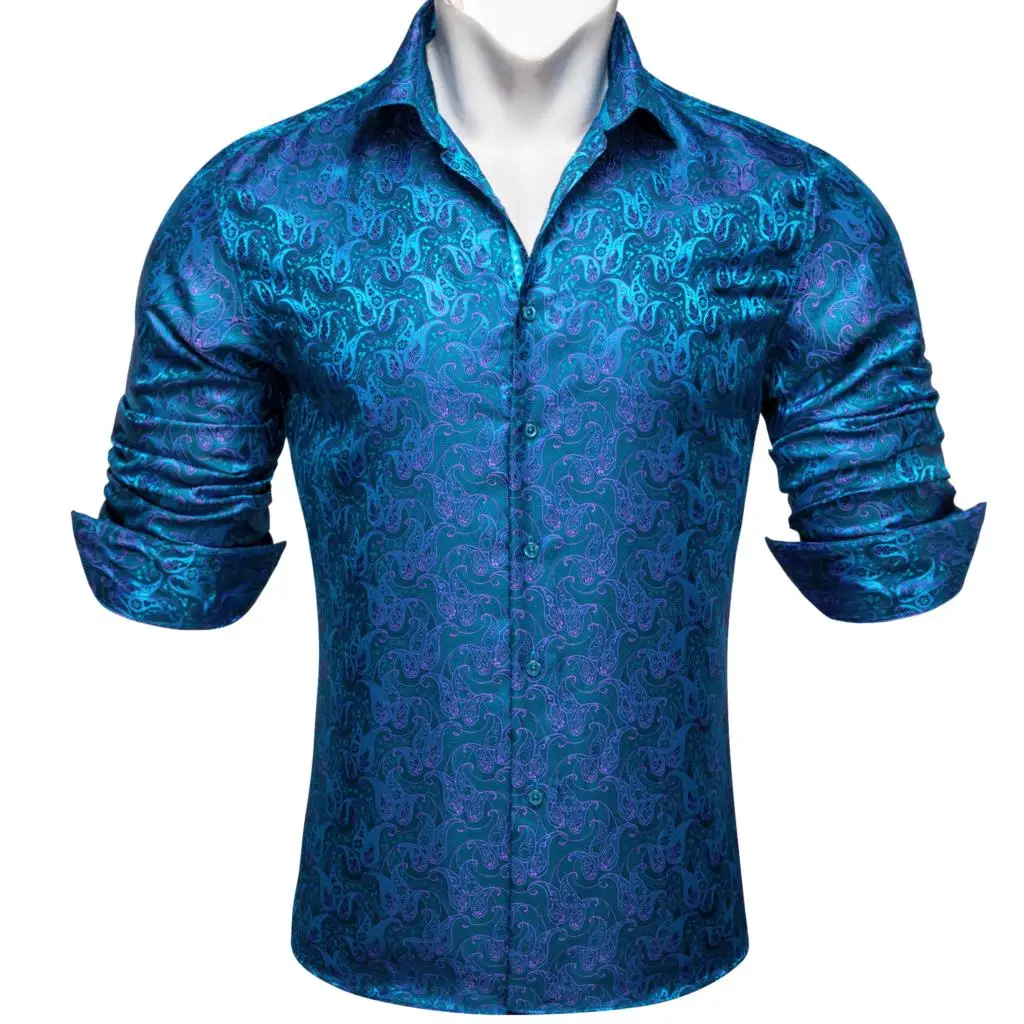 Designer Shirts for Men Silk Long Sleeve Sky Blue Pink Black Paisley Slim Fit Male Blouses Casual Breathable Tops Barry Wang