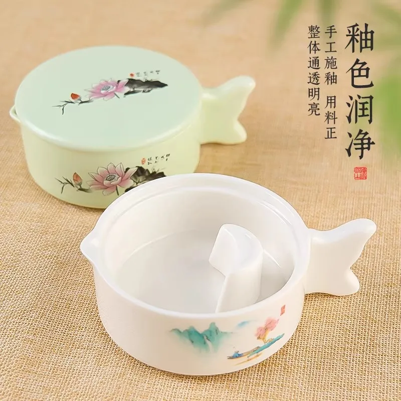 Chinese Ceramic Inkstone with Lid, Multifunctional Scholar's Ink Pool for Calligraphy & Painting, Desk Accessory