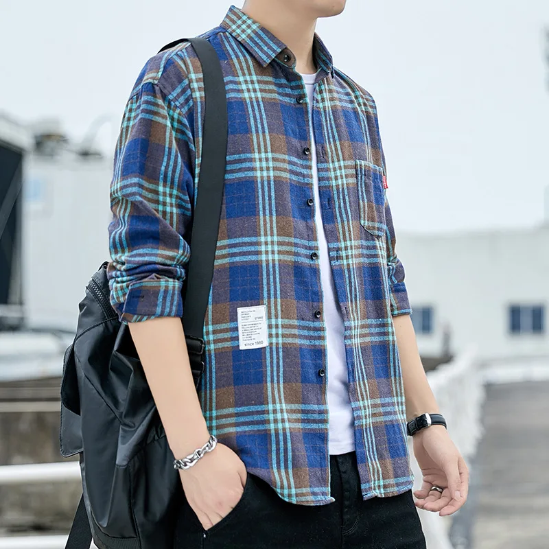 

Мужская повседневная свободная длинная рубашка в клетку, модная молодежная хлопковая рубашка в стиле Hong Kong, спортивная, без бренда