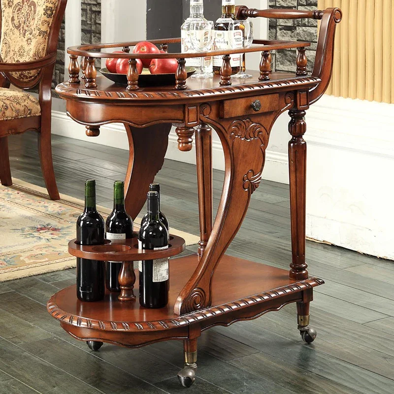 dining car solid wood wine cart, American restaurant furniture carved neoclassical wine cabinet double layer with wheel