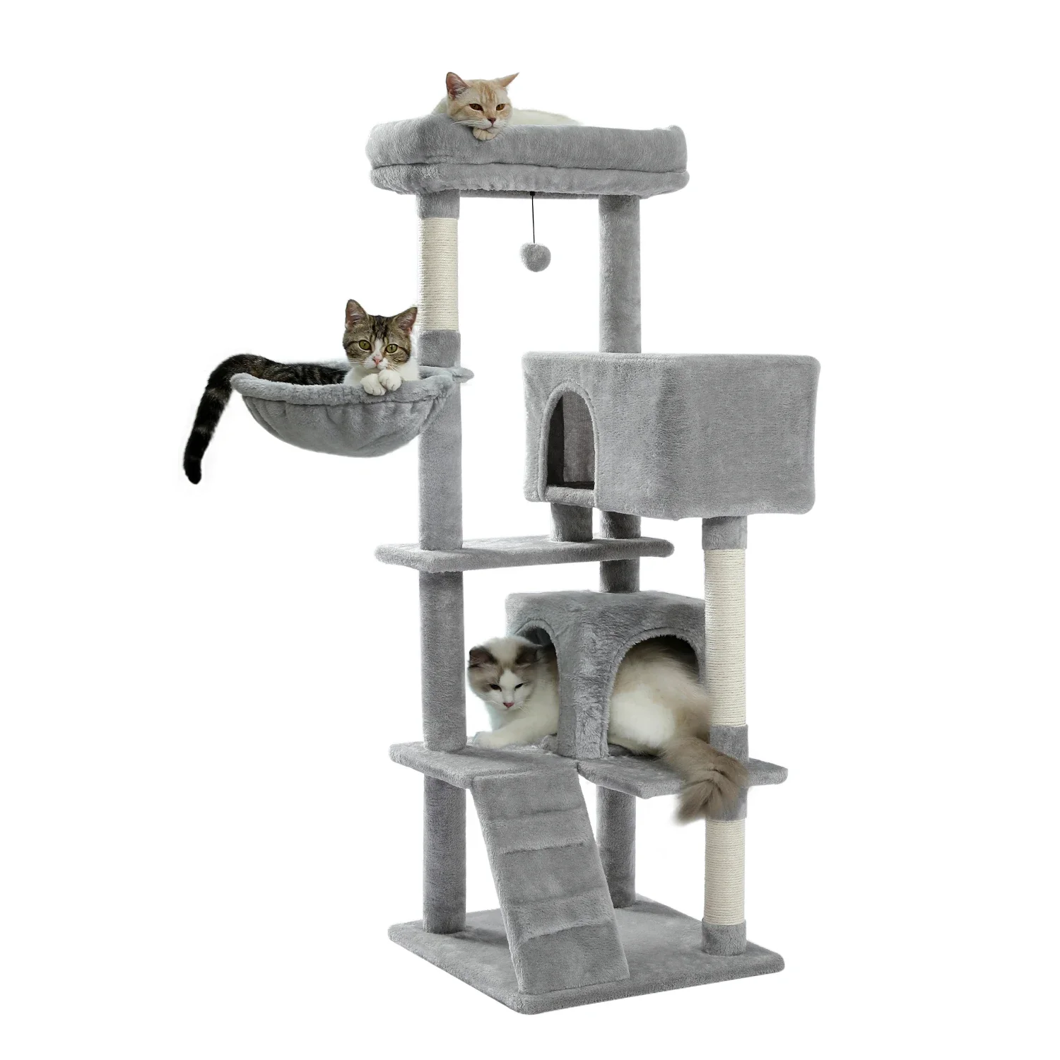 Cat Tree Tower with Sisal Scratching Post, 2 Cozy Condos, Top Perch, Hammock, Climbing ladder and Dangling Ball Grey