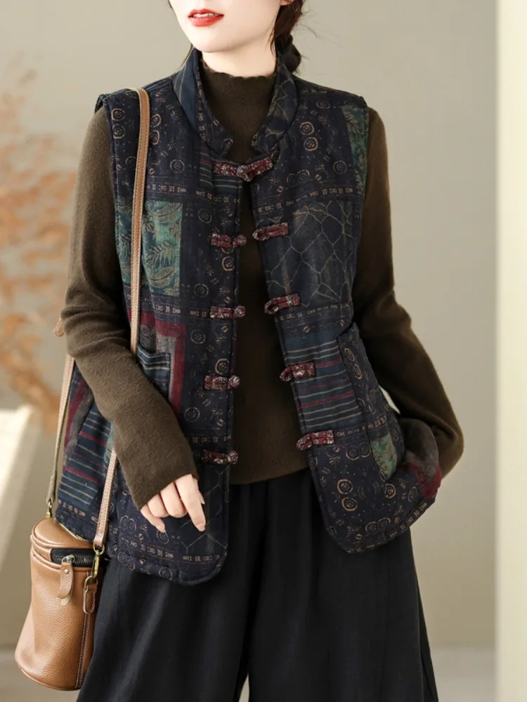 Chinese Style Cotton Linen Print Buttonless Sleeveless Stand Collar Warm Coat Women's Outerwear Artistic Jacket