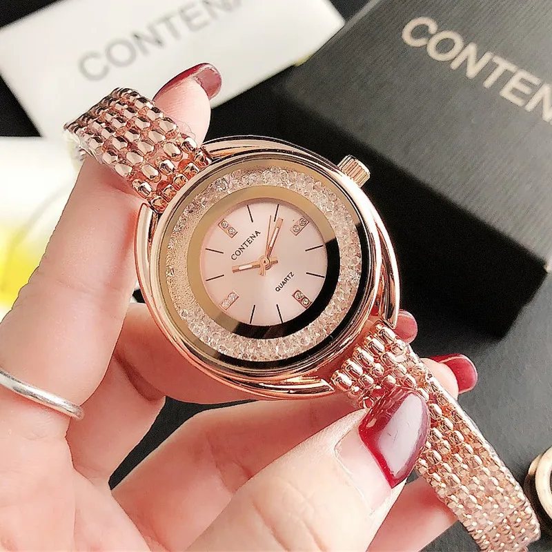 Luxury Rhinestone Ladies Stainless Steel Watch CONTENA Fashion Gold Women\'s Watch Diamonds Ceasuri Quartz Wristwatches Clock