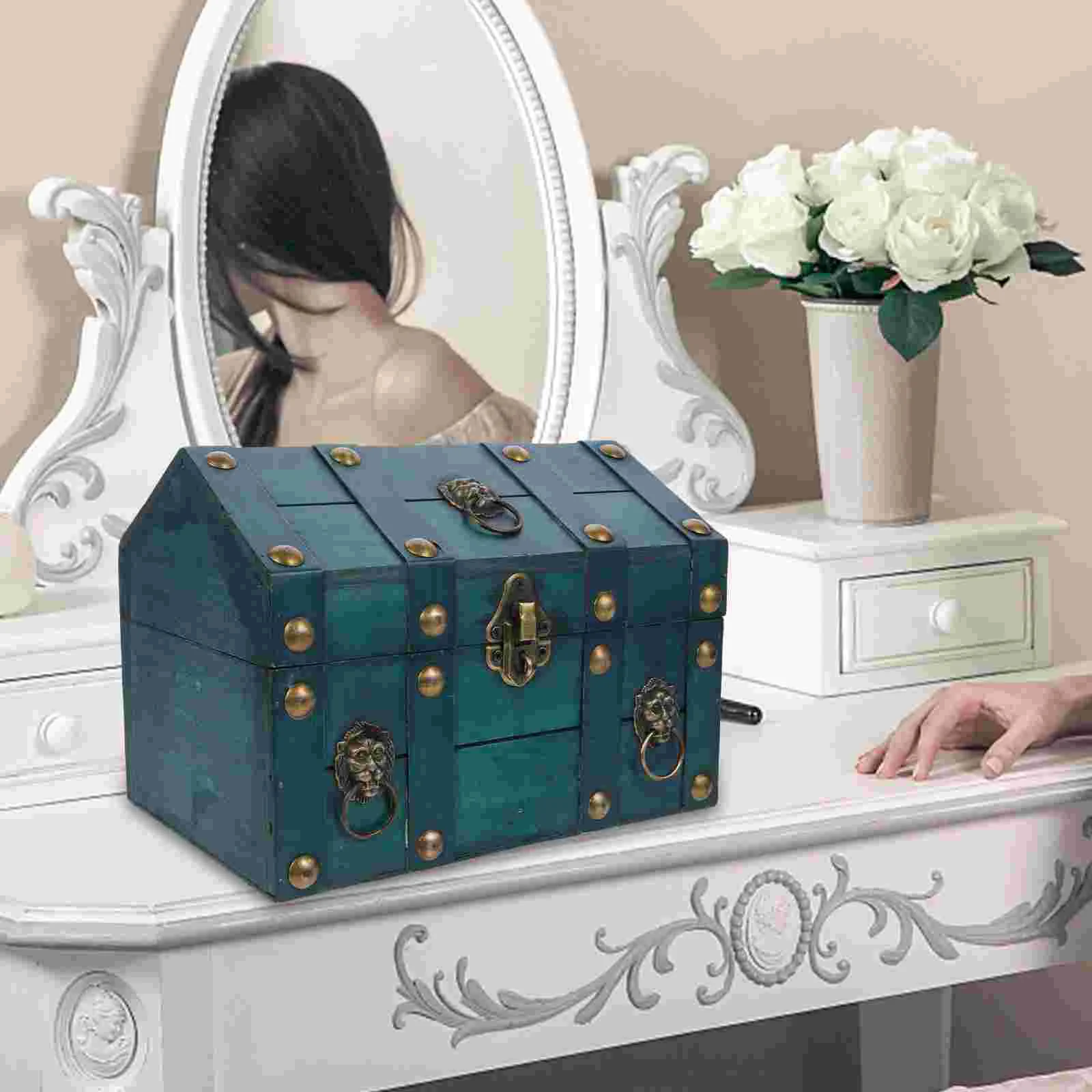 Storage Bins with Lids Wooden Box Vintage Decor Jewelry Boxes Case Chest Pirate Treasure Child Toy