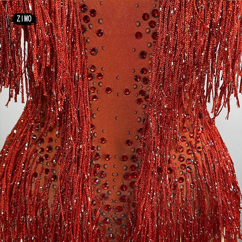 Sexy Nightclub Rhinestones Dance Bodysuits Women Elastic Tassel Latin Pole Dance red Leotard Showgirl DJ Stage Performance Wear