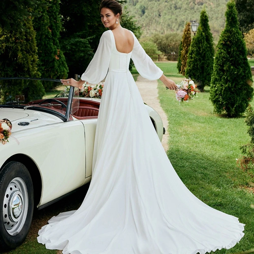 Chiffon Wedding Dress Square Collar Wedding Dresses Backless A-LINE Simple Wedding Dress with Sweep Train Customized