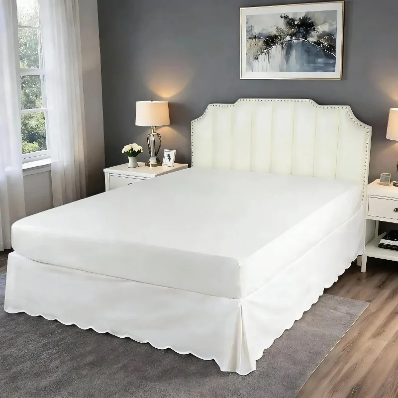White Wave Bed Skirt King Size 16 Inch Drop Bed Skirts Pleated Luxury Dust Ruffles for Twin Full Queen Cal King Base Bed