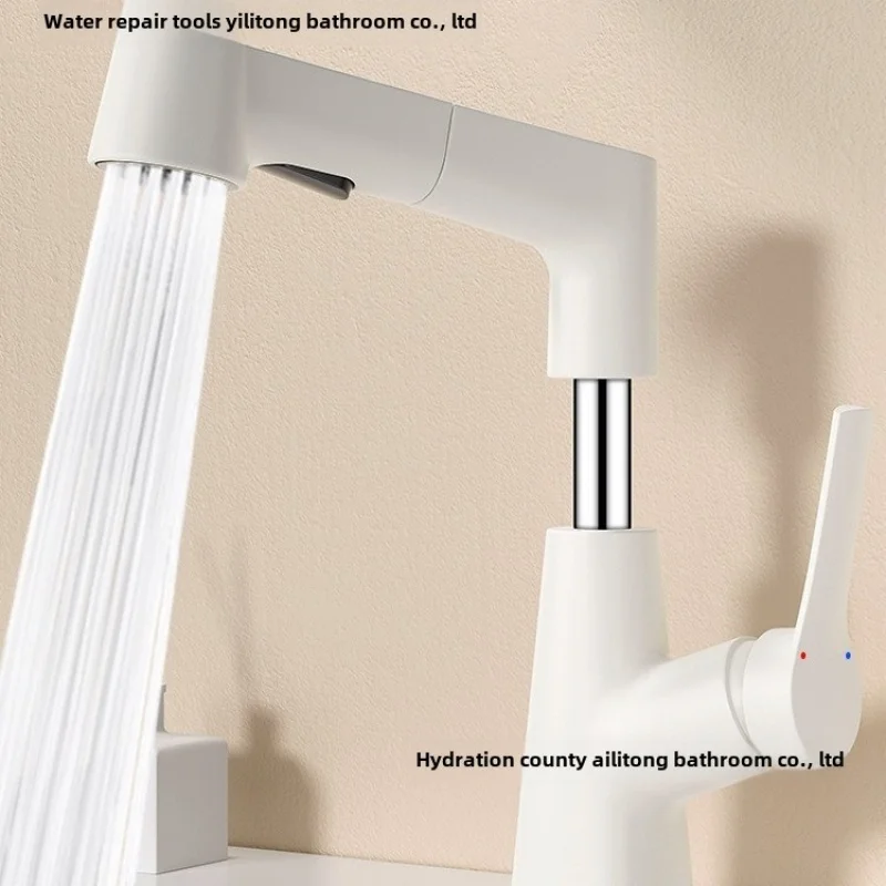 

White Hot and Cold Pull-out Faucet Copper Adjustable and Retractable Bathroom Basin Bathroom Single Hole