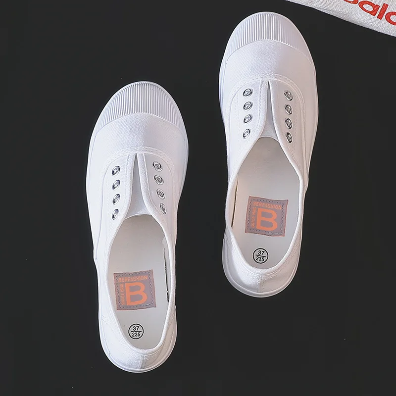 New Women's White Canvas Shoes Low Top Slip-On Breathable Flat Casual Sneakers for School Campus Daily Walking Comfort