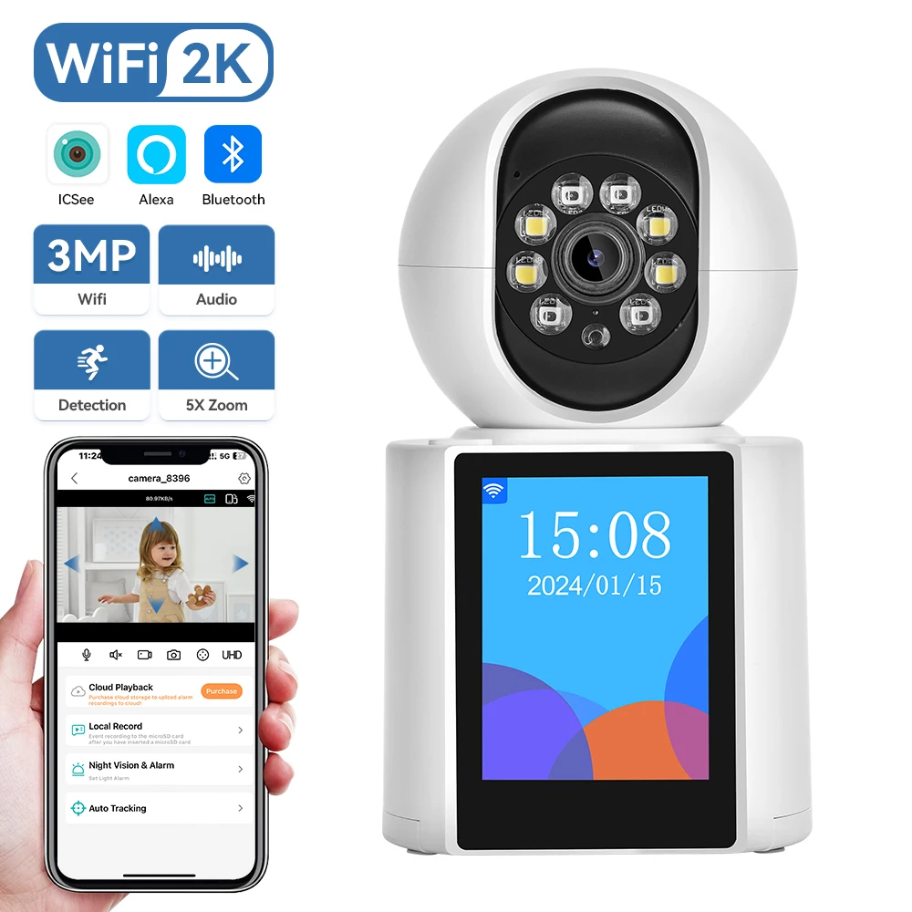 

HD 3MP Wifi Camera 2.8 inch Screen Indoor PTZ Wireless IP Camera Auto Tracking Twao Way Audio Video Calling iCSee Baby Monitor