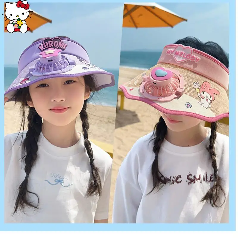 

Cute Cartoon New Sanrios Hello Kittys My Melody Sunscreen Hat Summer Outdoors Children Sunshade Hat Electric Fan Fashion Gift