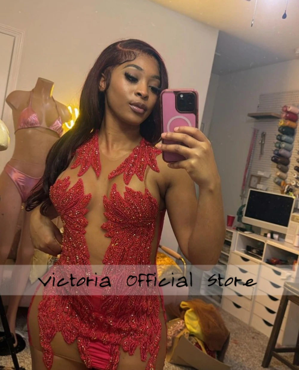 Special Red Rhinestones Prom Dress For Black Girls 2024 Birthday Luxury Dresses Mermaid Baddie Dresses Sheer Mesh Customized