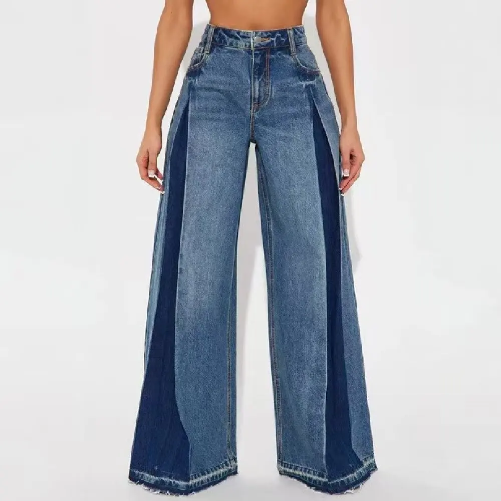 Women Elegant Color Block Jeans Mid Rise Stretch Straight Wide Leg Pants Loose Versatile Commuter Denim Trousers Basic Blue