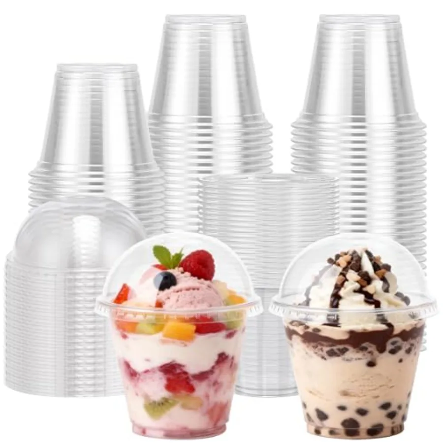 Paquete de 200 Vasos de Plástico Transparente de 9 oz con Tapas, Vasos Desechables Transparentes con Tapas de Cúpula Sin Orificio para Postres, Parfaits, Yogur, Helado o